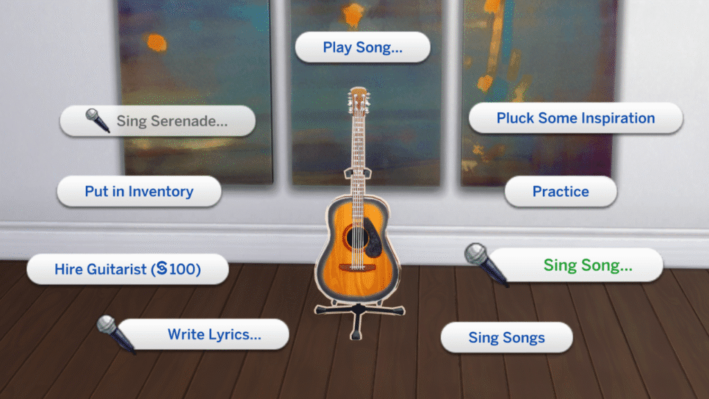 A screenshot from The Sims 4 that shows a guitar and the options to sing songs on the guitar with the singing skill 