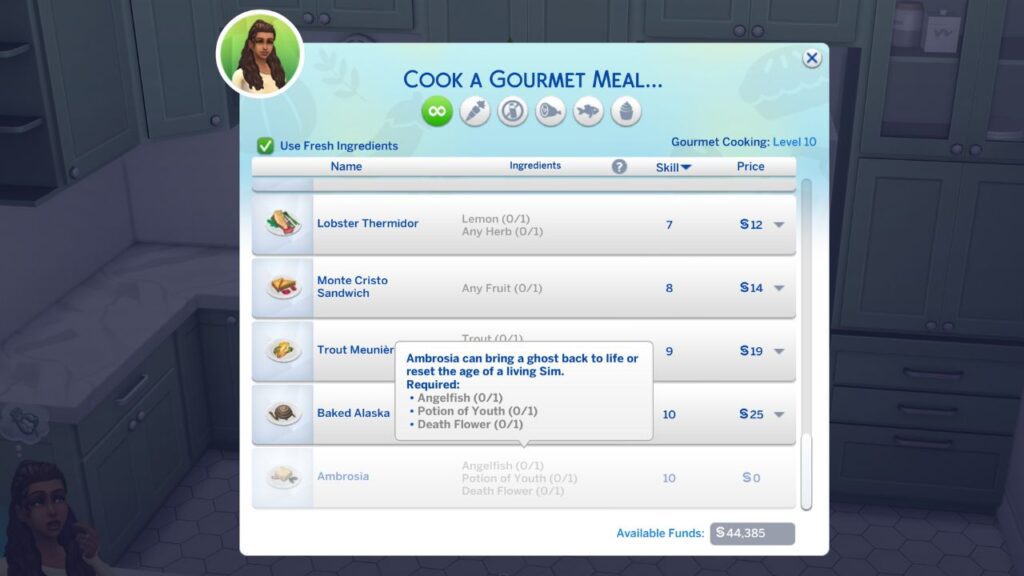 A screenshot from The Sims 4 showing the recipe for ambrosia