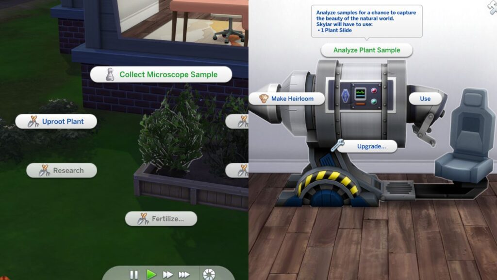 A screenshot from The Sims 4 showing the collect microscope sample on a bush and analyze plant sample on a microscope 