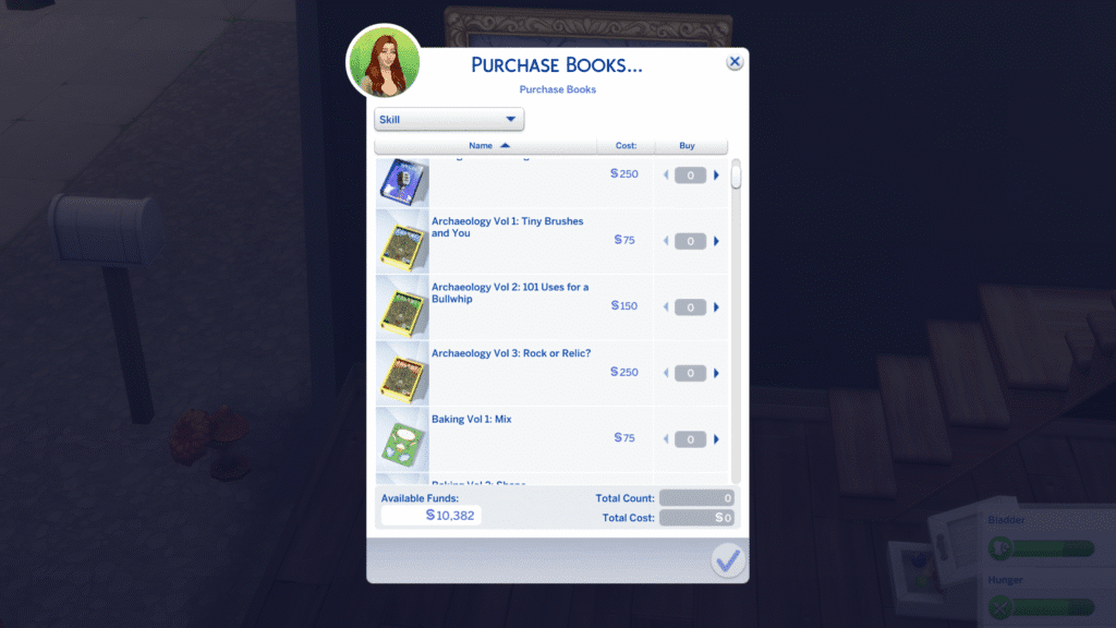 A screenshot from the sims 4 showing off archaeology skill books.