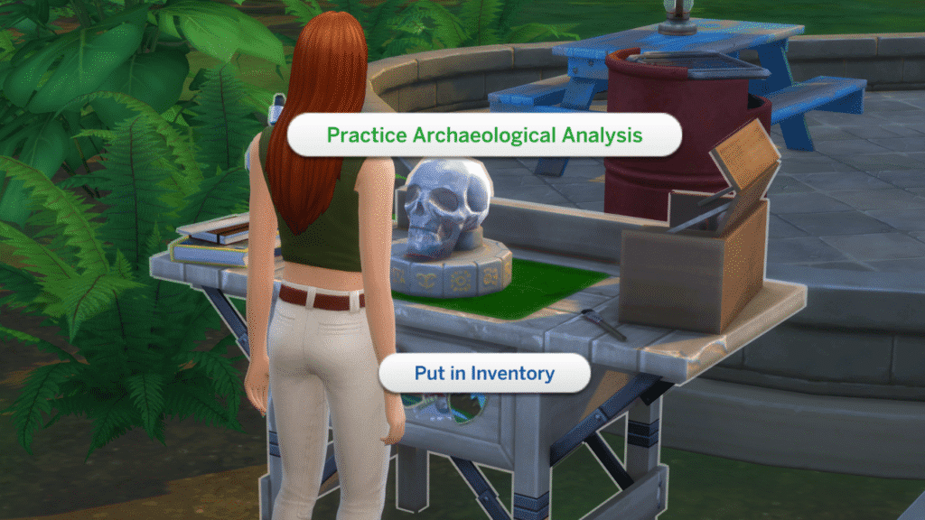 A screenshot from The Sims 4 showing a sim at an archaeology table with the practice archaeological analysis button highlighted 