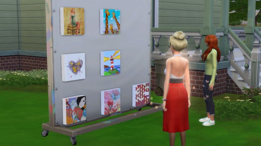 A screenshot from the sims 4 of judith ward attending a yard sale for paintings