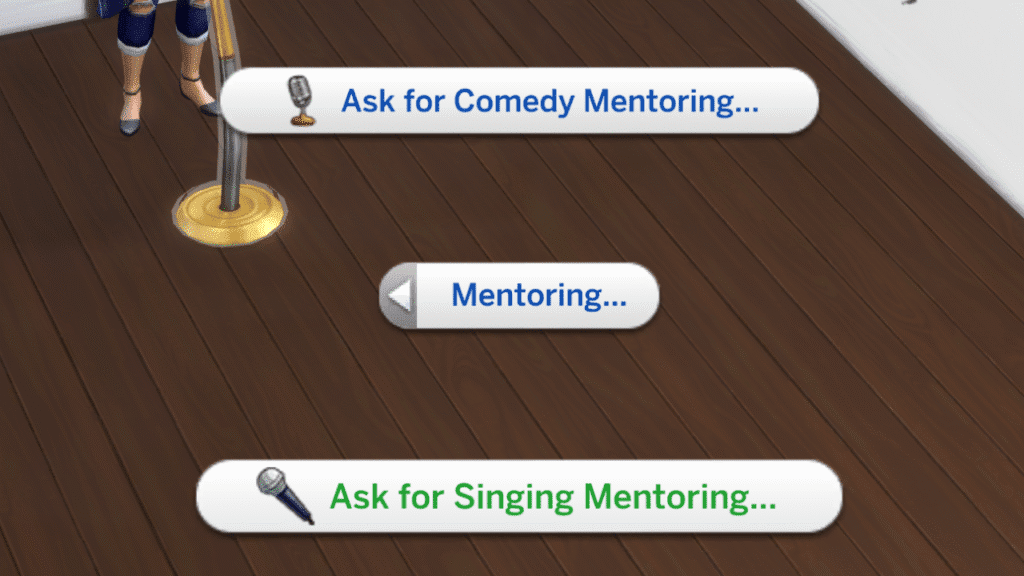 A screenshot from The Sims 4 that shows the mentoring option on a microphone 
