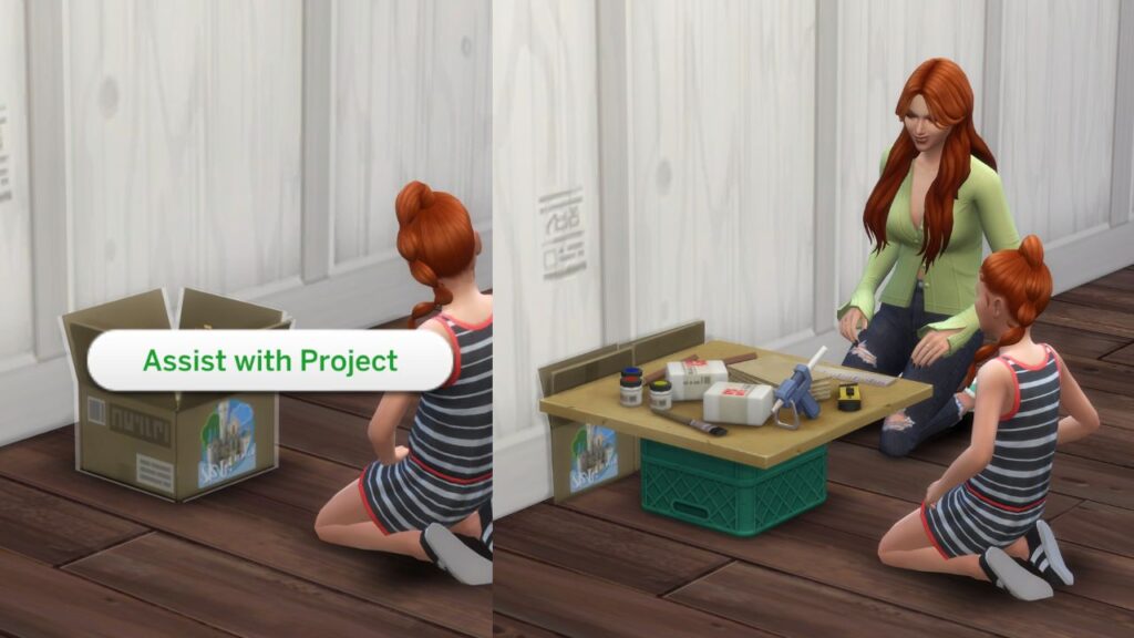 A screenshot from The Sims 4 of a child and adult working on a school project