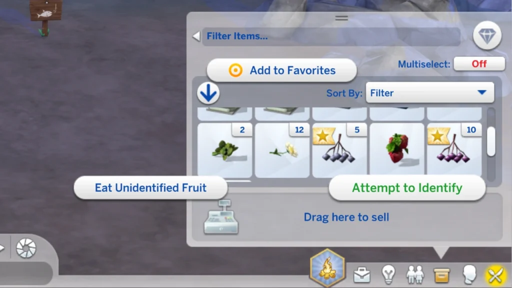 A screenshot from The Sims 4 showing a sim's inventory with a plant and the Attempt to Identify option showing
