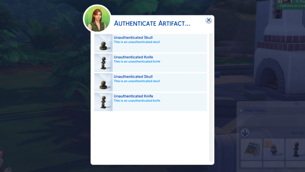 A screenshot from The Sims 4 showing the Authenticate Artifact menu open with lots of options to choose from 