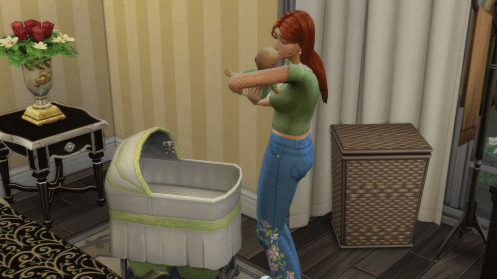 A screenshot from The Sims 4 showing a parent taking care of their baby