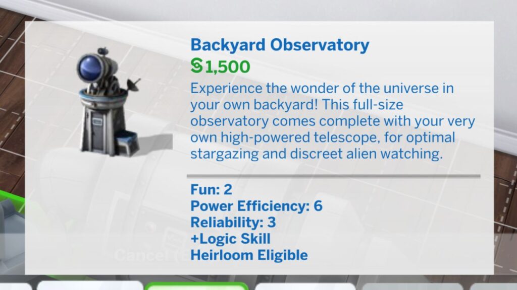 A screenshot of the Backyard Observatory from The Sims 4,