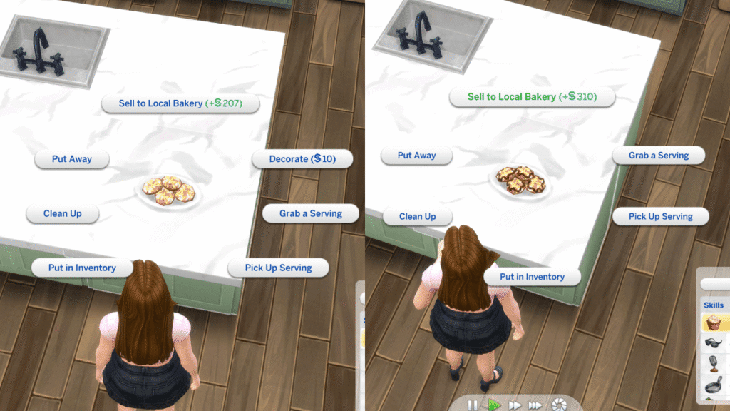 A screenshot from The Sims 4 showing the difference in pricing if you sell to local bakery before and after you decorate baked goods.