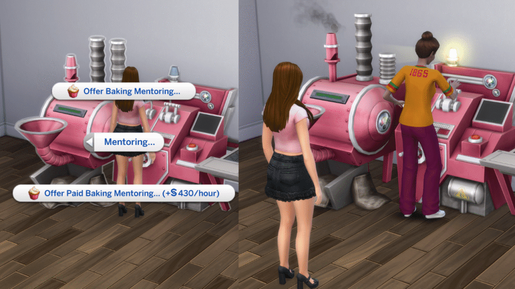 A split screen of two screenshots from The Sims 4. The first has the baking mentoring options on the cupcake machine and the second has a sim getting mentored in baking.