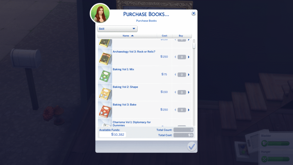 A screenshot from the sims 4 showing off baking skill books.
