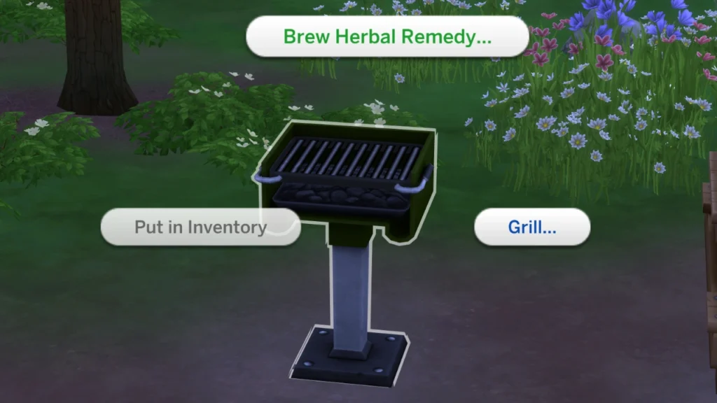 A screenshot from The Sims 4 showing a grill with Brew Herbal Remedy highlighted