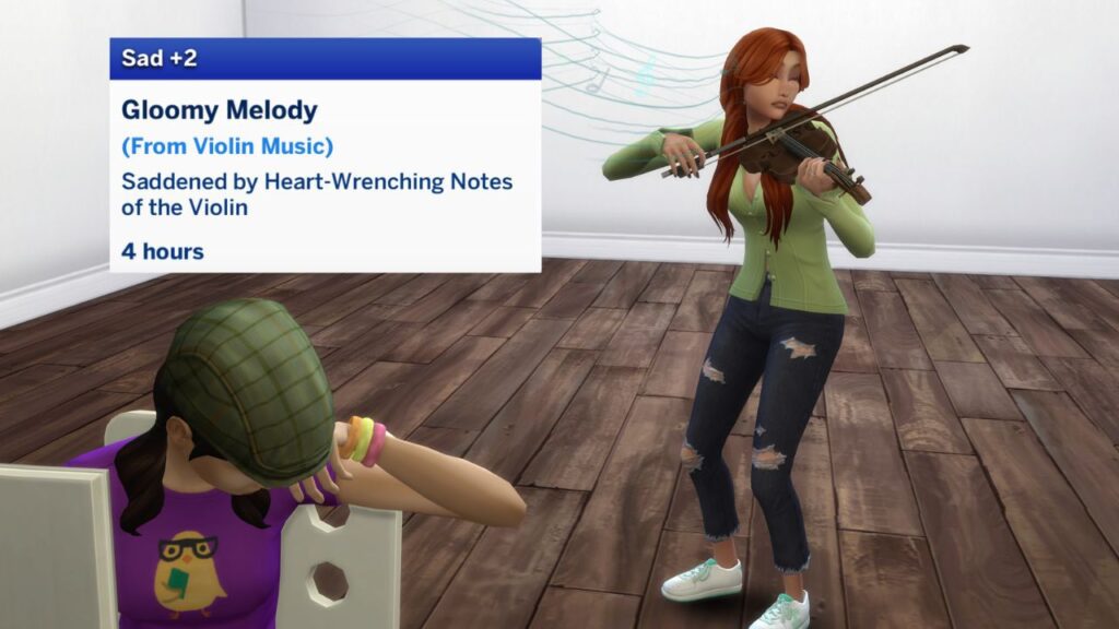 A screenshot from the sims 4 of a sim bringing another to tears with violin
