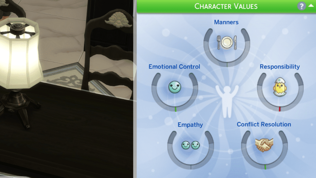 A screenshot from The Sims 4 that is showing off the character values that children can gain to get new traits as they age up