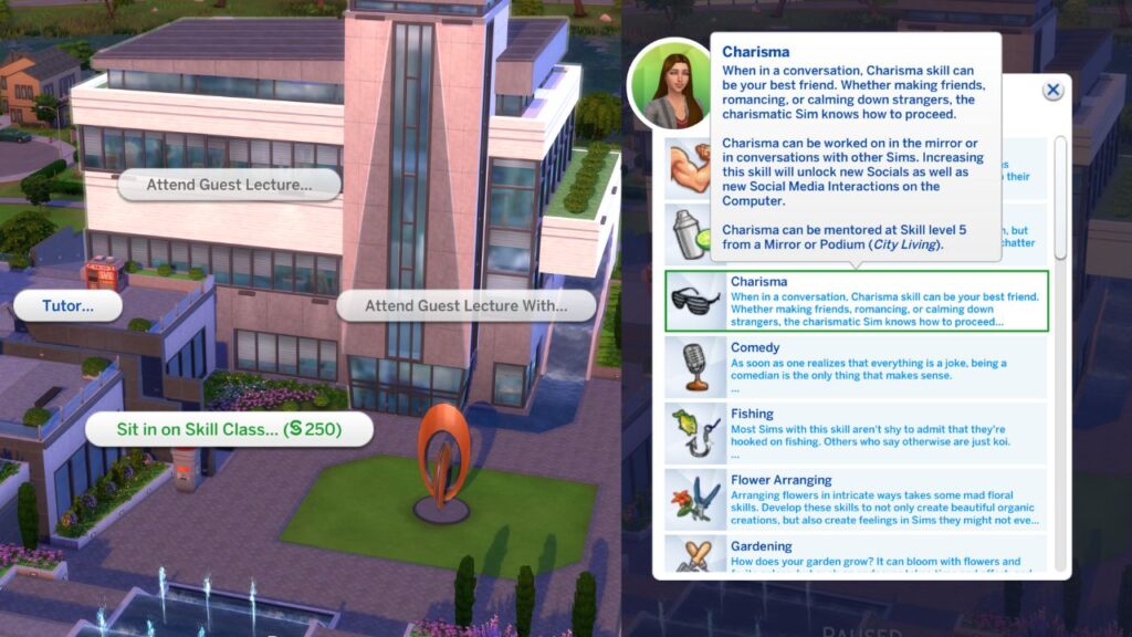 A screenshot from The sims 4 showing the option to sit in on skill class at the foxbury institute for a charisma class