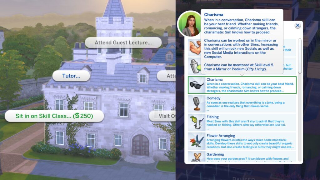 A screenshot from The sims 4 showing the option to sit in on skill class at the university of britechester for a charisma class
