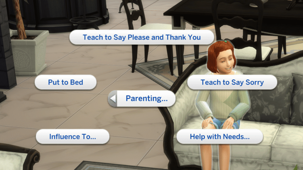 A screenshot from The Sims 4 showing the options in the parenting menu for a child
