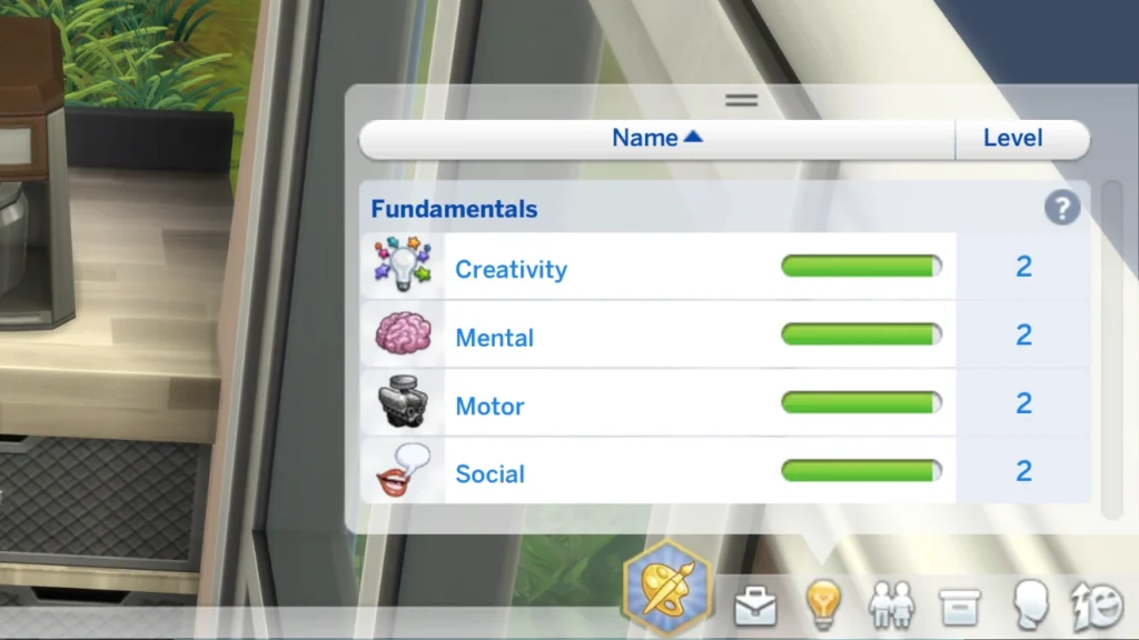 A screenshot from the sims showing the fundamental skills for a child at level 2