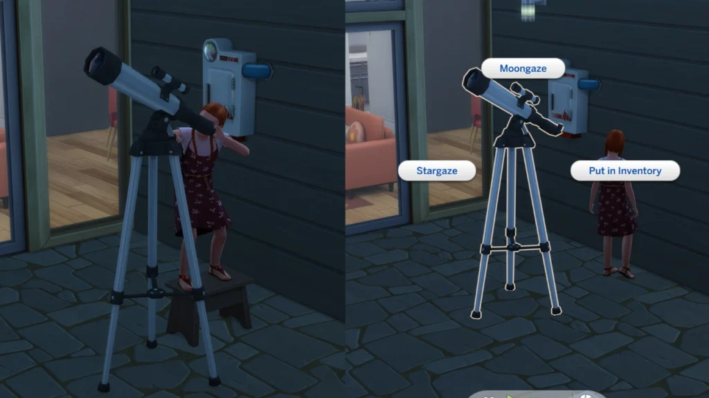 A set of two screenshots from the sims 4 showing a child stargazing on a telescope 