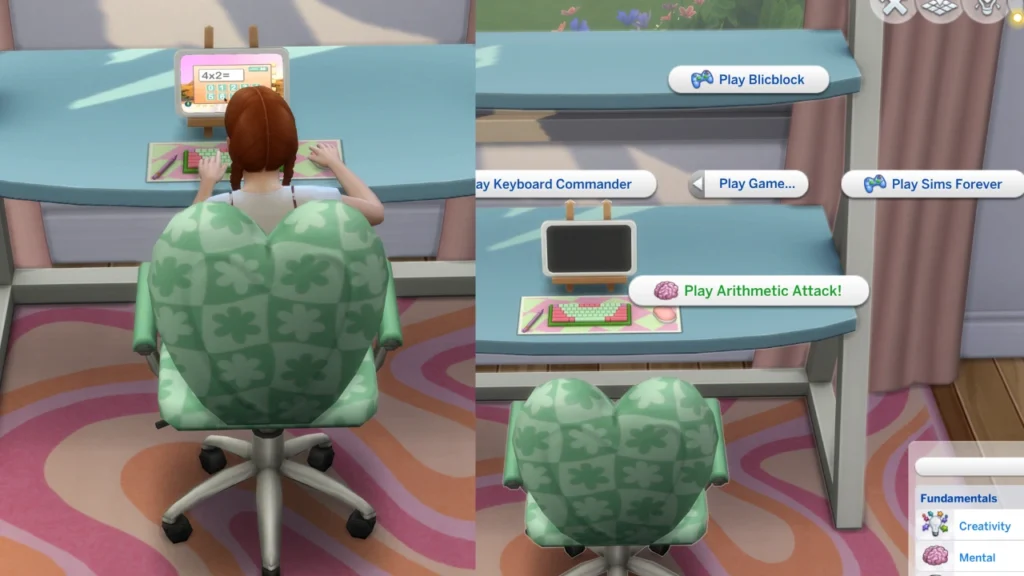 A set of two screenshots from the sims 4 showing a sim playing arithmetic attack on a computer 