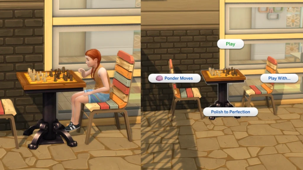 A set of two screenshots from The Sims 4 with a child playing chess to gain the mental skill. 