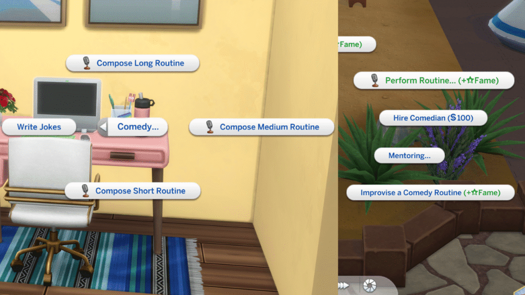 A sett of two screenshots from The Sims 4. The first is the composing routine options for comedy and the second is the perform routine options on a microphone 