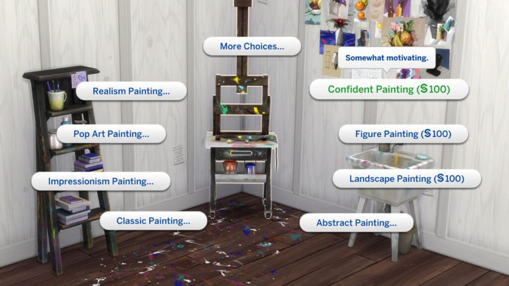 A screenshot from the sims 4 of an easel with confident painting highlighted