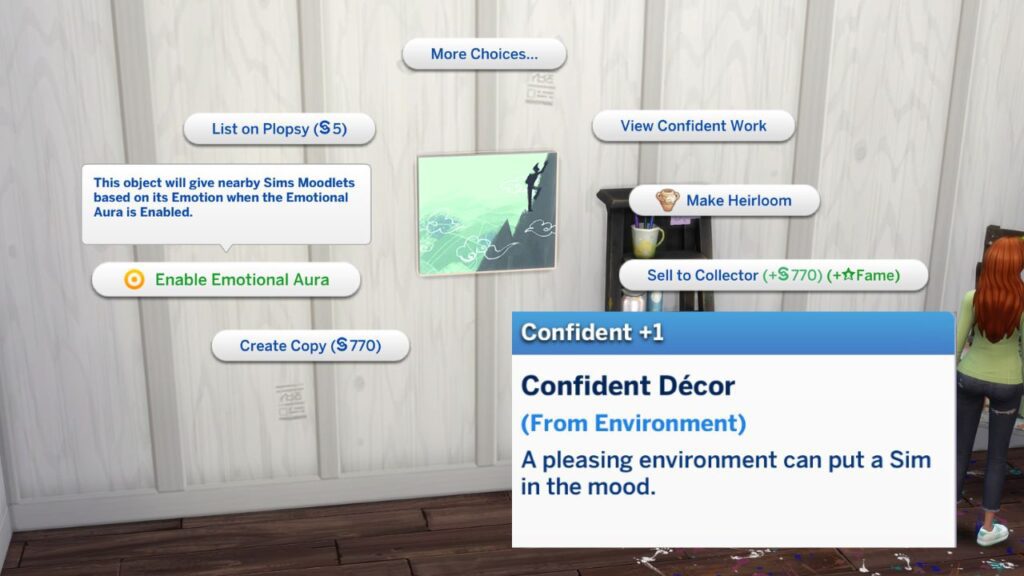 A screenshot from the sims 4 showing the enable emotional aura option for emotional paintings