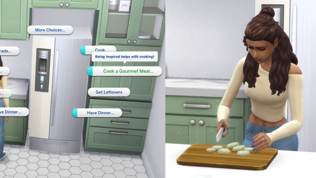 A screenshot from The Sims 4 showing the option to cook a gourmet meal on a fridge and then the sim chopping food.