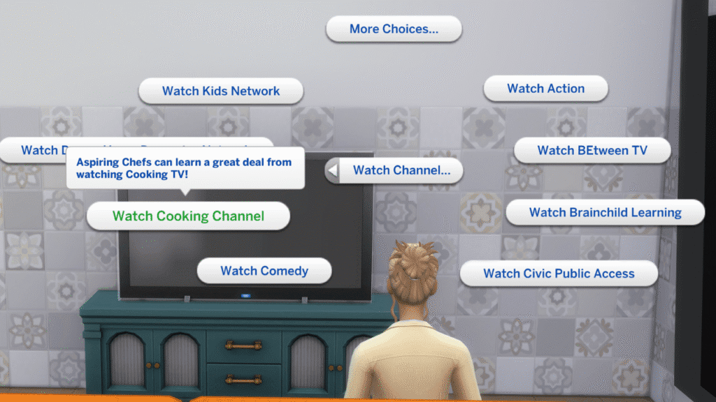 A screenshot from The Sims 4 showing a sim sitting at a TV with the watch cooking channel option highlighted