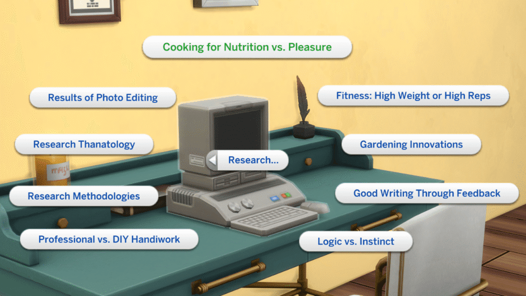 A screenshot from The Sims 4 showing how you can research Cooking for Nutrition Vs Pleasure with the research archive machine