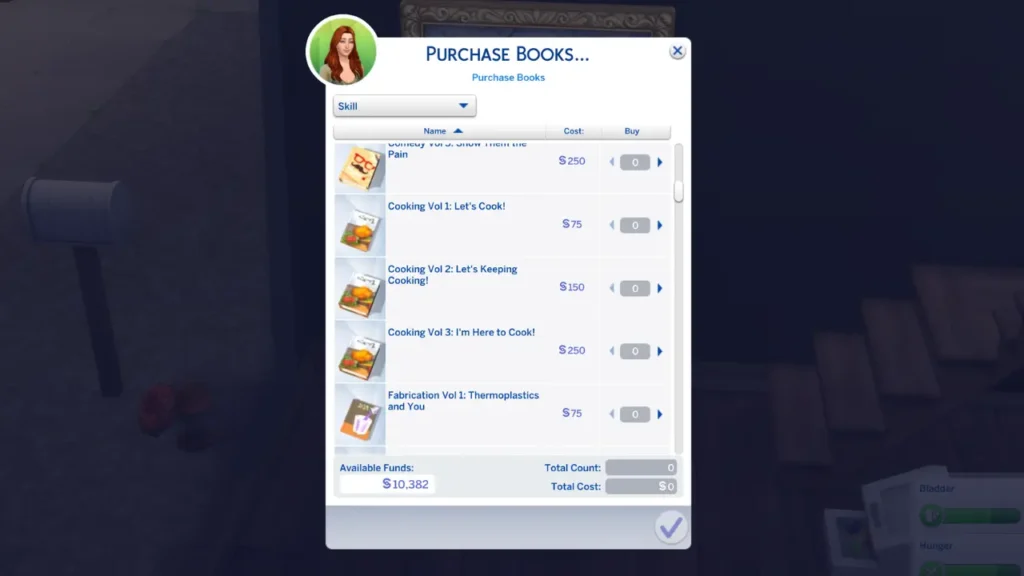 A screenshot from The Sims 4 showing the purchase books menu with the cooking skill books open