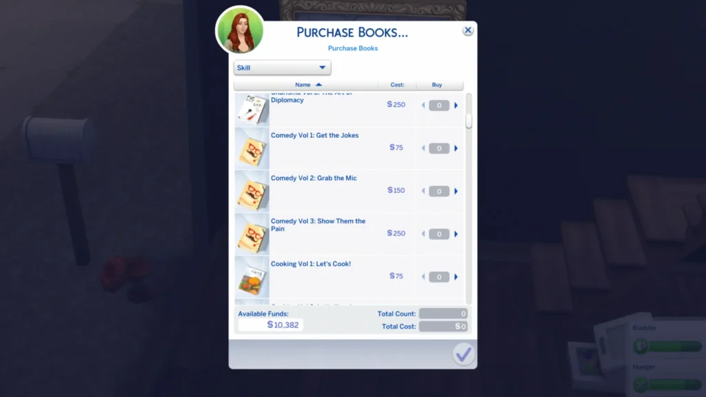 A screenshots from The Sims 4 showing the sett of comedy skill books