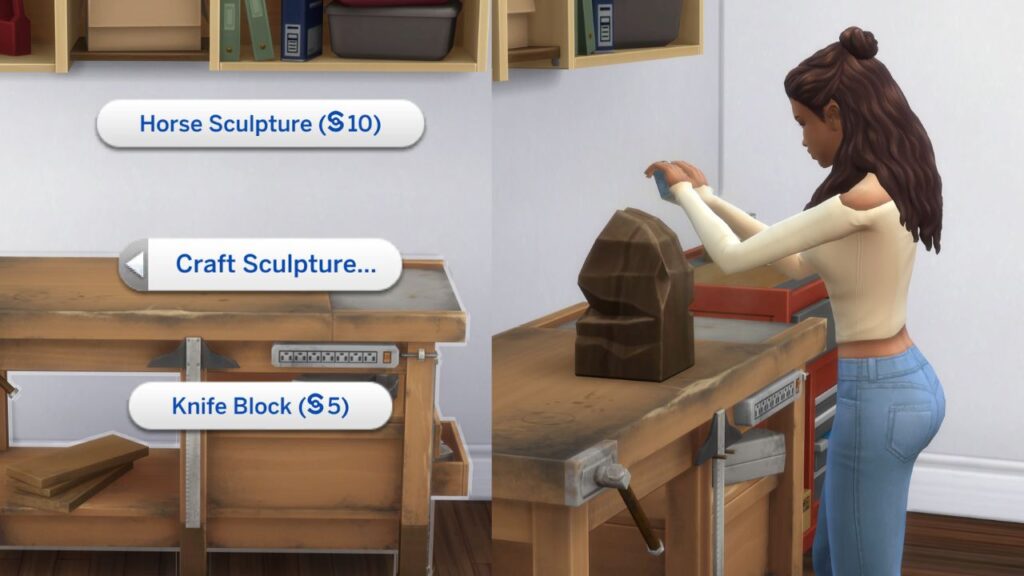 A screenshot from The Sims 4 of a sim making a horse sculpture