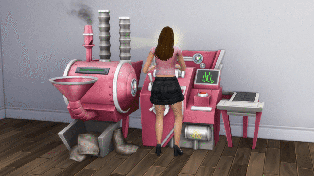 A screenshot from The Sims 4 showing a sim making a pastry on a cupcake machine