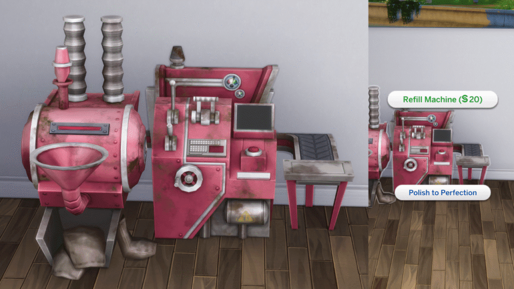 A screenshot from The Sims 4 of a dirty cupcake machine with the Refill Machine and Polish to Perfection options open