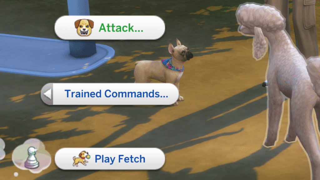 A screenshot from The Sims 4 showing the option to have a dog attack a sim 
