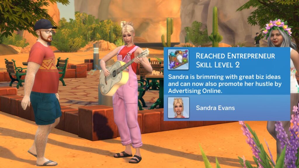 A screenshot from the sims 4 of a sim playing guitar for tips and earning the entrepreneur skill