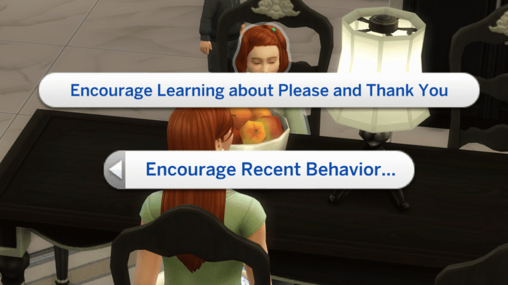 A screenshot from The Sims 4 showing how to encourage behaviour for children