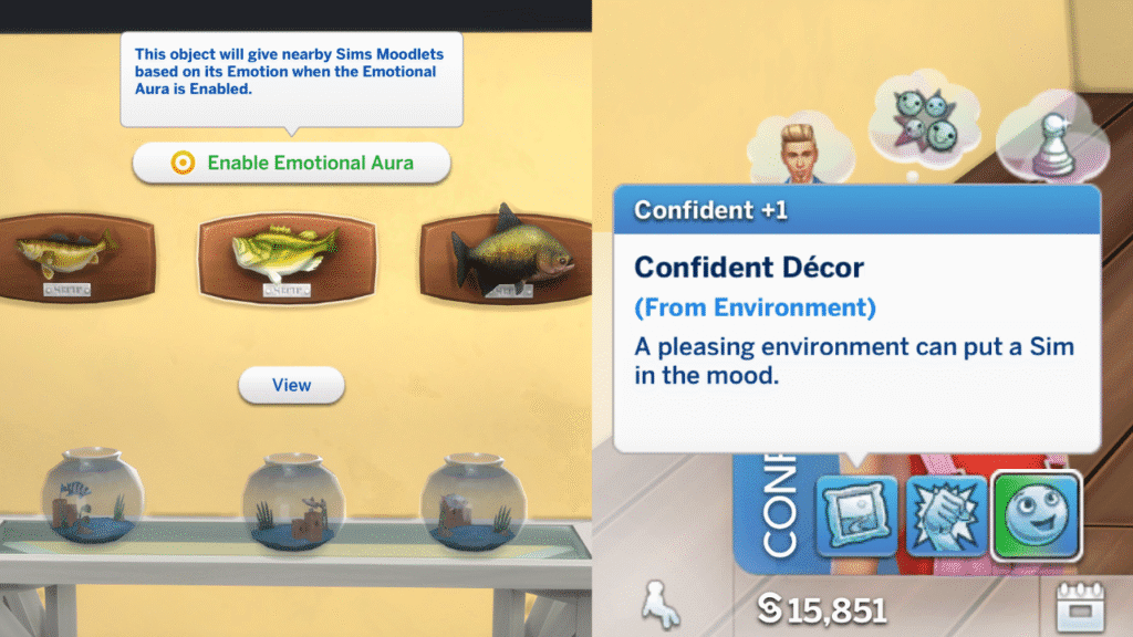 A screenshot from The Sims 4 showing the option to enable emotional aura on a mounted fish for a confident moodlet