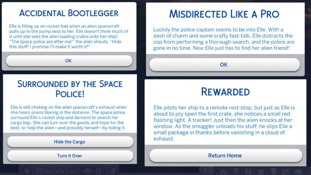 A set of images from the sims 4 with the decisions made when sims are travelling to space