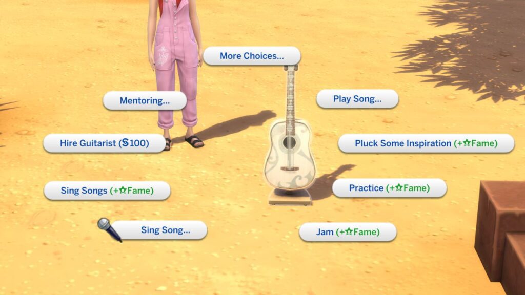a screenshot from the sims 4 showing the options to earn fame with guitar 