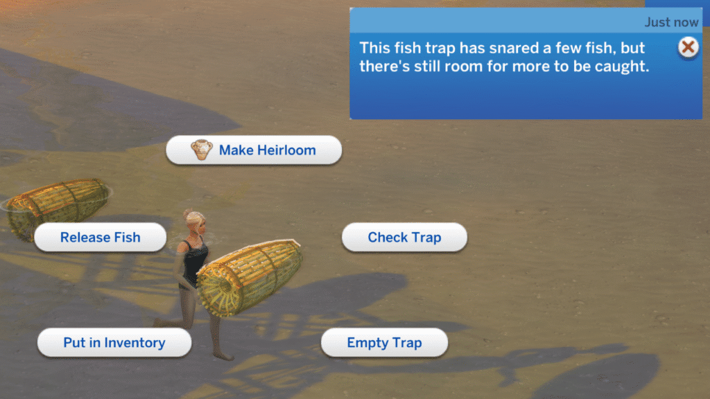 A screenshot from The Sims 4 showing a full fish trap with options to empty or release 