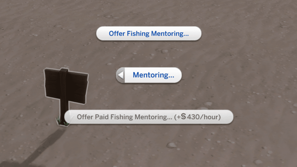 A screenshot from The Sims 4 showing the options to mentor fishing 