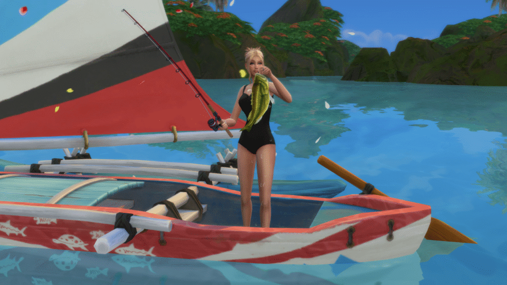 A screenshot from the sims 4 of a sim fishing on a boat