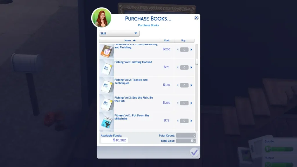 A Screenshot from The Sims 4 showing the fishing skill books you can purchase