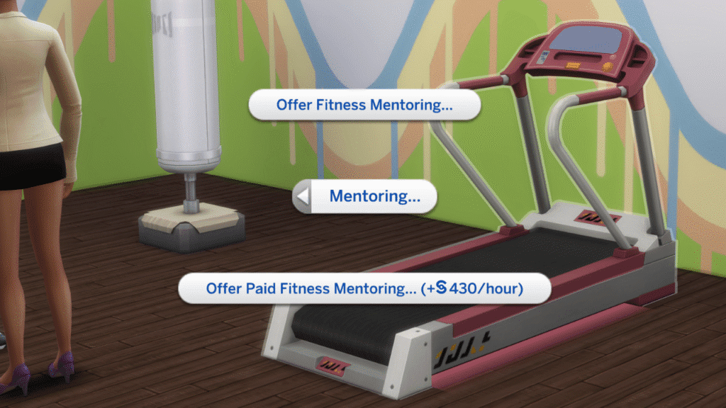 A screenshot from The Sims 4 showing the options to mentor the fitness skill