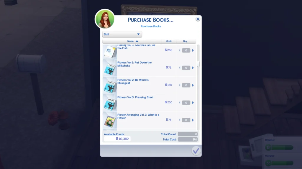 A screenshot from the sims 4 showing off fitness skill books