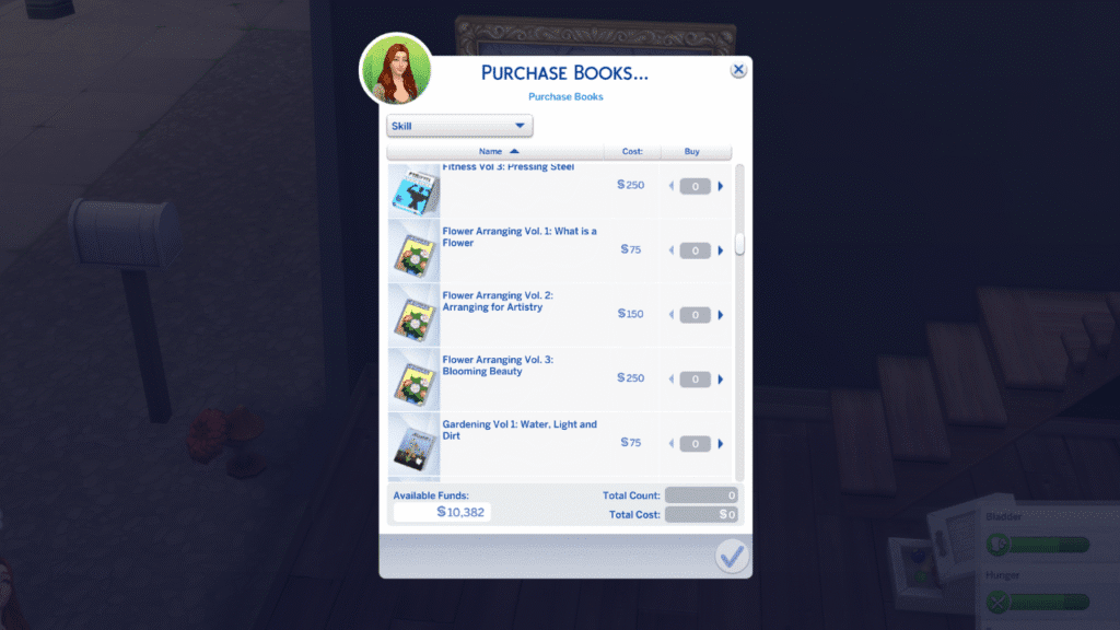 A screenshot from The Sims 4 showing off the flower arranging skill books.
