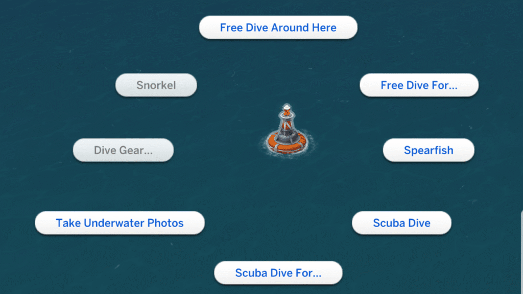 A screenshot from The Sims 4 showing the options for a buoy in the ocean with free dive being an option 